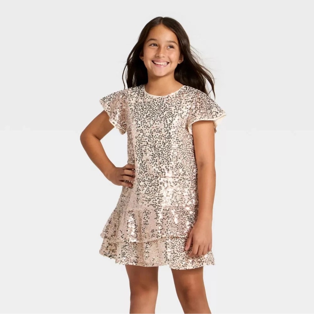 Cat & Jack Girls' Short Sleeve Sequin Dress - Gold, M (8)
